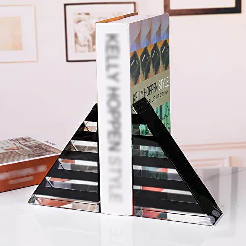 Crystal Black Stripe Decorative Bookends, Set Of 2 Glass Non-Slip Book Support For Heavy Books Bookshelf Desk Home Decoration #TOP1