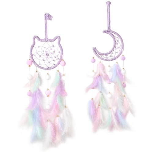 Image of KIPTVO 2Pcs Boho Dream Catchers, Handmade Feather Wall Hangings, Purple Cat & Moon Dreamcatcher for Girls, Bohemian Bedroom Decor, Home Accessories, Wall Decor for Bedroom, Unique Home Decoration Gift