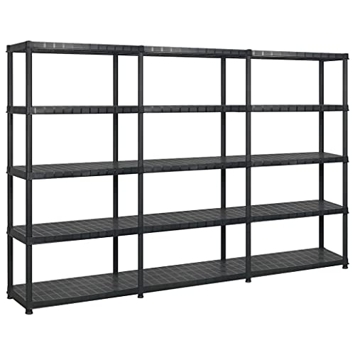 Molumvel Juego de 3 estanterías de almacenamiento de plástico, 5 estantes, color negro, 274,5 x 45,7 x 185 cm, para cargas pesadas para sótano, garaje, almacén, taller