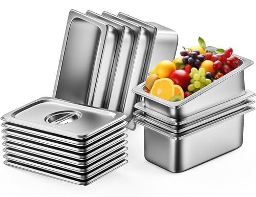 ZeroPone 8 Pack Hotel Pans with Lids, 1/3 Size 6" Deep Stainless Steel Steam Table Pan 22 Gauge Anti Jam Commercial Food Pans for Hotel, Party, Buffet, Catering Supplies
