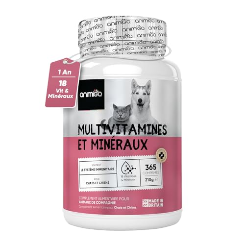 Animigo - Vitamine Chien & Chat 365 Comprimés - 18 Minéraux & Vitamine pour Chien : Vitamine C, D, Vitamines B, Fer, Zinc, Calcium - pour Santé Globale, Immunité, Peau, Poil, Articulations, Os, Digestion