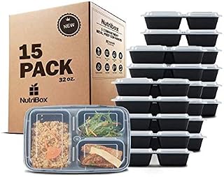 Nutribox [15 pack] 32oz 3 compartment Plastic Food storage Containers with lids