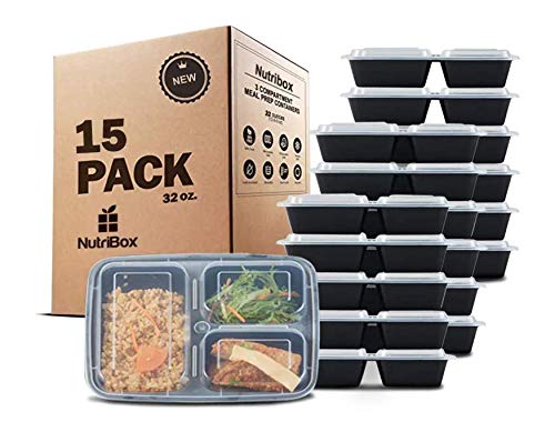 Nutribox [15 pack] 32oz 3 compartment Plastic Food storage Containers with lids