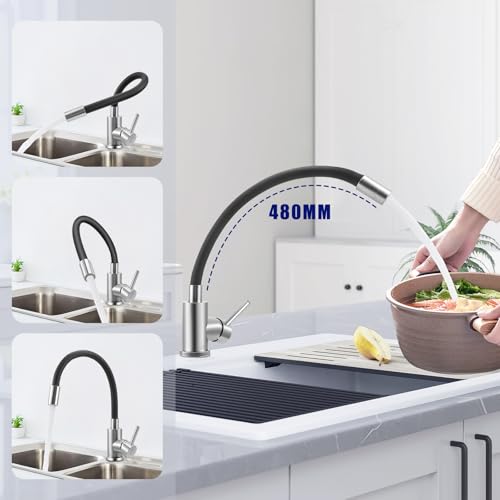 Flexible Küchenarmatur Schwarz, Wasserhahn mit 2 Wasserstrahlen, Mischbatterie küche Schwarz, 360°Armatur mit Flexiblem Auslauf, Spültischarmatur Hochdruck Edelstahl, Kitchen Tap