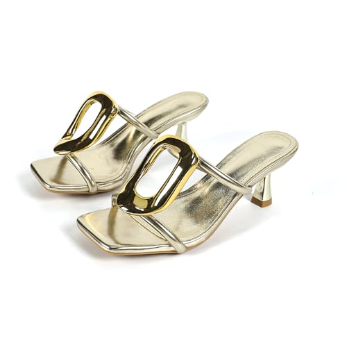 Women's Leather Metal Decor Stiletto Sandals Fashion Comfortable Square Open Toe Slip On High Heels Slides for Summer Party Dating Dress Mules