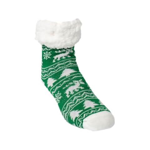 Pudus Recycled Cozy Winter Holiday Christmas Patterns Slipper Socks Women & Men w Non-Slip Grippers Faux Fur Sherpa (Cabin Country Pine) Cover
