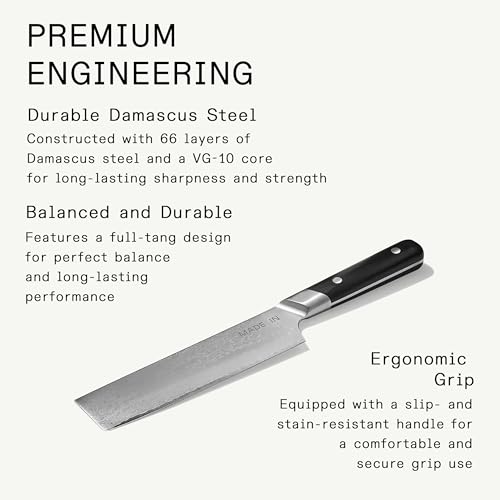 Image of Made In Cookware - 6 inch Japanese Damascus Steel Nakiri Knife - 66 Layers of Damascus Steel with a VG-10 Core - Crafted in Japan - Full Tang With Black POM Handle