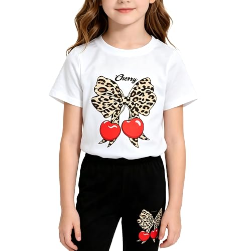 WMHNEI Girls 2 Piece Outfits - Short Sleeve Graphic Top & Leggings Set with Cherry/Capybara/Heart Print for 6-14 Years Spring Kids Clothing size 7 8