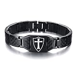 Men's Knights Templar Cross Shield Bracelet Stainless Steel Carbon Fiber Inlay Wristband