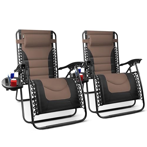 KEPLIN Set of 2 XXL Premium Heavy Duty Textoline Zero Gravity Chairs - Luxurious Garden Recliners, Adjustable Headrest, Cup & Phone Holder, Foldable & Easy to Clean Patio Sun Loungers (Brown)