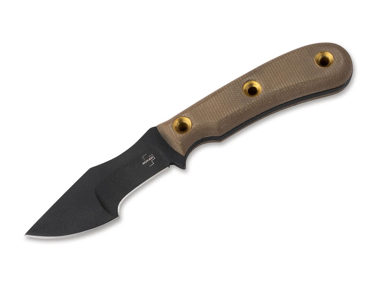 BOKER PLUS MICRO TRACKER Fixed Blade Outdoor Camping and Bushcraft Knife, Micarta Handles, 1095 Carbon Steel Blade, Kydex Sheath Included