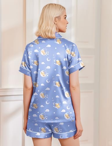 Image of Ekouaer Silk Pajamas for Women Funny Teddy Sleepwear Comfy Short Sleeve Button Down Loungewear Satin Pjs Shorts Set,Blue,M