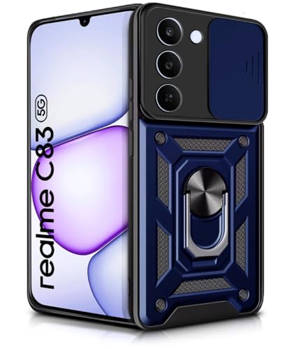 Image of WOW IMAGINE Tough Armor Bumper Mobile Back Case for Realme C83 5G | Realme Narzo 100 Lite 5G | Realme P4 Lite 5G | Sliding Camera Cover | Hybrid PC + TPU | Ring Holder with Kickstand - Blue