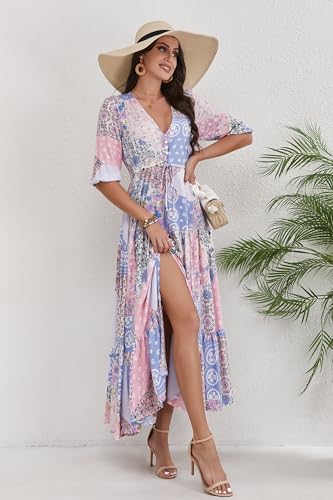Image of Women Short Sleeve V Neck Floral Print Casual Bohemian Maxi Dresses