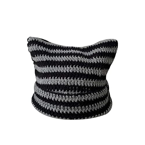 Cute Knitted Beanie Hat Women Autumn And Winter Warm Pullover Hat Cute Cat Ear Protection Wool Hat Beanie Hat (Black Grey,One Size,One Size) #TOP30