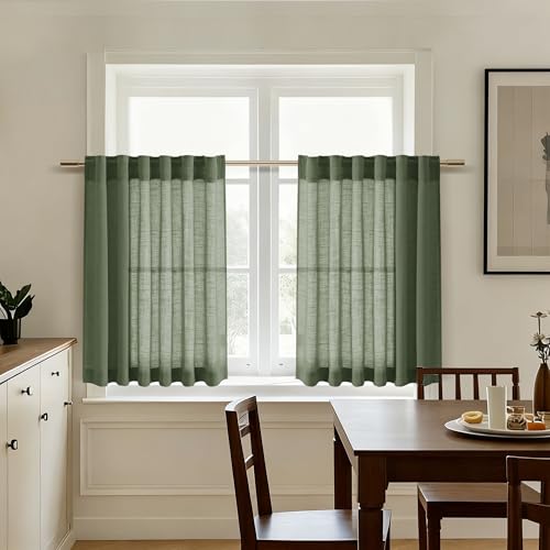 Image of Nanspring Linen Kitchen Curtains 30 Inches Long 2 Panels Olive Green Semi Sheer Short Curtain Back Tab Rod Pocket Solid Privacy Cafe Tier Curtains for Cafe Bathroom Basement 36x30