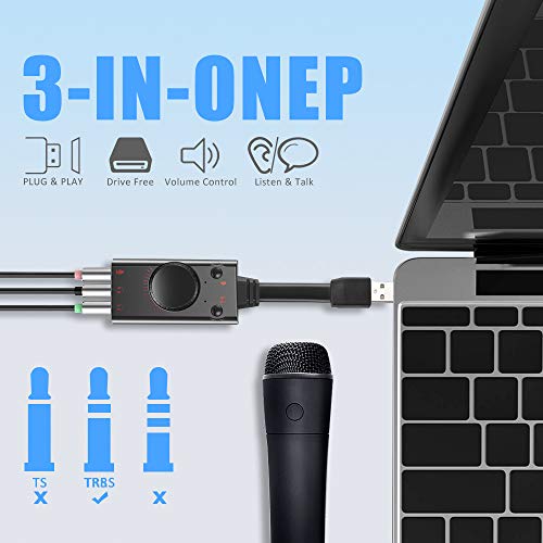 External USB Sound Card, PHOINIKAS USB to Audio Jack Adapter with 3.5mm Headphone and Microphone Jack, Volume Control, Stereo Sound Card Plug Play, for Windows, Mac, Linux, PC (3-in-1, Black) - Thumbnail 3