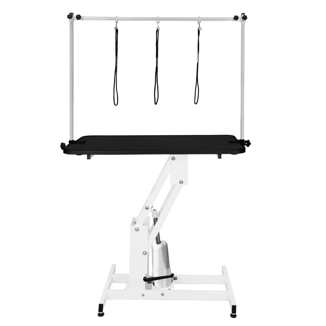 Table Toilettage Hydraulique - Cadre Acier Blanc Robuste & Plateau Antidérapant Noir 106 x 61cm - Hauteur 55 à 100cm - Capacité 180 kg - Toilettage Chien Animaux Professionnel.[3 Sangles INCLUSES]