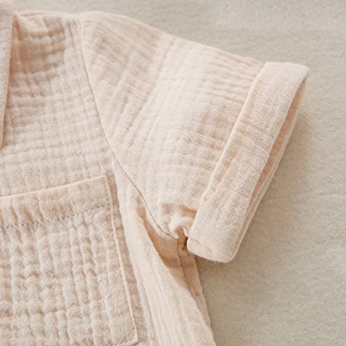 Baby Boys Clothes Set Toddler Infant Boys Button-down Shirt Tops + Cotton Gauze Shorts Summer Outfit 2PCS with Pockets (Beige, 12-18 Months) - Thumbnail 3