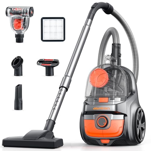 Aspiron Canister Vacuum Cleaner, 30Kpa Bagless Vacuum Cleaners, 3.7QT Large Dust Cup, Double HEPA Filter, Retractable Cord, 1600W Lightweight Vacuum Cleaner with 5 Tools for Hard Floors, Persimmon