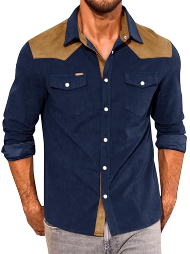 Image of Yousify Mens Corduroy Shirt Long Sleeve Button Down Casual Western Cowboy Shirt Jacket with Flap Pockets