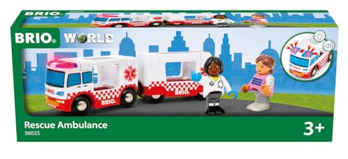Circuit de train en bois BRIO : camion ambulance sonore pour jouer au sauveteur