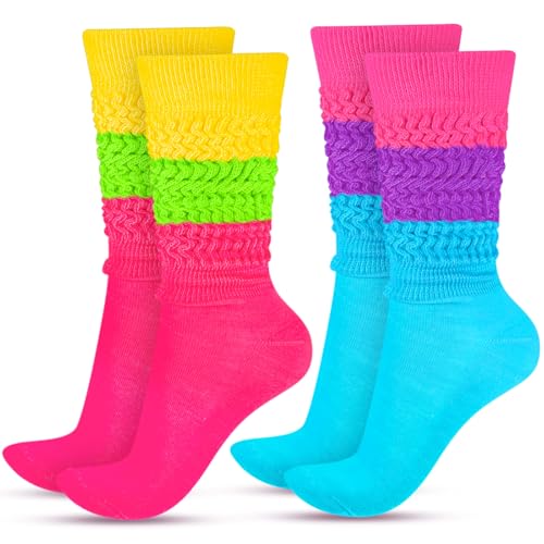 JenPen 2 Pairs Neon Slouch Socks for Women 80s 90s Scrunch Knee High Socks Forfor 80s 90s Party Extra Long(Rose Red Purple Blue Fluorescent Green/yellow)