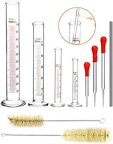 QWORK 4 szt. Szklany cylinder z podziałką, 5 ml/10 ml/50 ml/100 ml, z 3 szt. szklanych pipet, 2 szt. Szczotka do probówek, 1 szt. Szklany pręt do mieszania