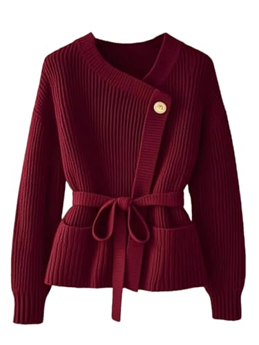 Women's Red Knitted Sweater Soft Long Sleeves Knitted Top Cardigan