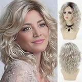 SEVENCOLORS Medium Length Blonde Wavy Wigs for White Women Natural Looking White Blonde Curly Wigs Synthetic Womens Wigs for Daily Party Cosplay