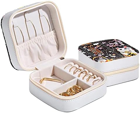 RODAILYCAY Japanese Retro Cherry Blossoms Lucky Cat Teapot Campanula Mini Travel Jewelry Box, Portable Necklace Ring Storage Organizer, PU Leather Jewelry Storage Case for Women Girls