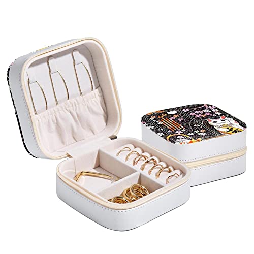 Rodailycay Japanese Retro Cherry Blossoms Lucky Cat Teapot Campanula Mini Travel Jewelry Box, Portable Necklace Ring Storage Organizer, Pu Leather Jewelry Storage Case For Women Girls #TOP16