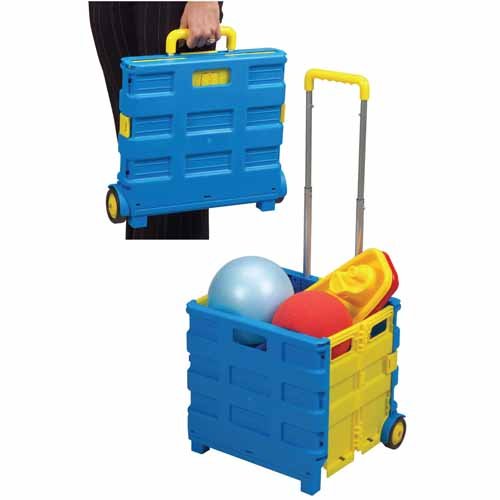 Constructive Playthings Rolling Cart for Teachers with 2 Lock-in-Place Wheels, Telescoping Handle and Deep Tote Area, Folding Cart, Tough Plastic, Blue - Holds Up to 55 lbs.