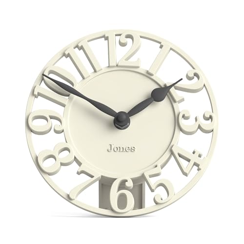 Jones Clocks® Ealing desk clock | Mini skeleton clock | Pale cream | Freestanding contemporary mantel clock with cut out numbers for shelf, table, mantel or bedside