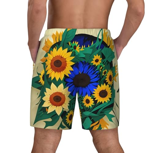 Sunflower Pattern Print Men's Double Layer Swim Trunks,Athletic Beach Shorts,Adjustable Drawstring Waist4