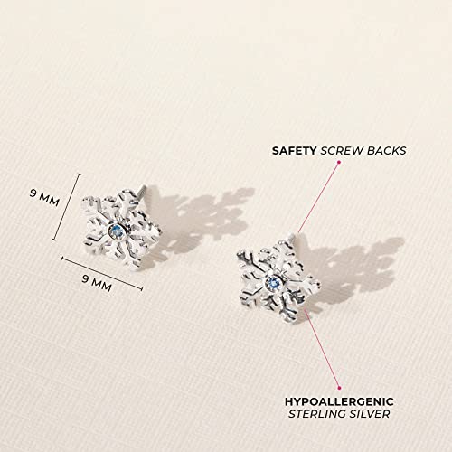 925 Sterling Silver Blue Cubic Zirconia Winter Snowflake Screw Back Earrings, Lovely for Young Girls & Pre Teens - Fun Earring Set for Little Girls - Stylish Winter Season Studs4