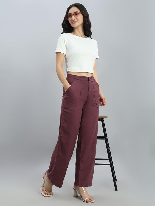 Image of GO COLORS Solid Linen Cargo Pants for Women | Full Length, Mid Rise, Side Pockets