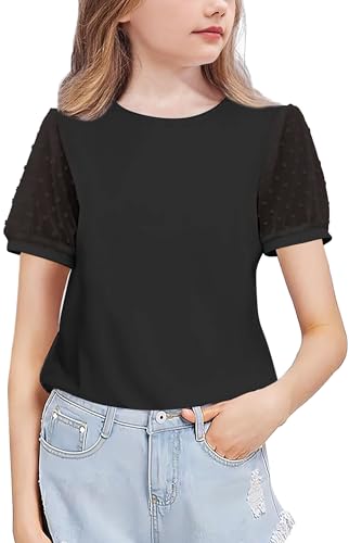 Image of Arshiner Girls T-Shirts Chiffon Sleeves Kids Summer Cotton Round Neck Short Sleeve Tops Casual Basic Tee Shirt for Girls 11-12 Years Black
