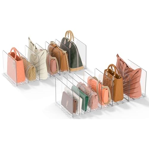 GoMaihe Bag & Purse Organizer for Closet: 4 Sets Adjustable Clear Handbag Storage Shelf - Plastic Clutch Dividers | Minimal | Keep Purses upright 4 Bases+16 Dividers