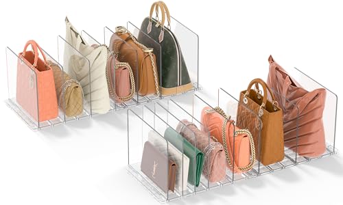 GoMaihe Bag & Purse Organizer for Closet: 4 Sets Adjustable Clear Handbag Storage Shelf - Plastic Clutch Dividers | Minimal | Keep Purses upright