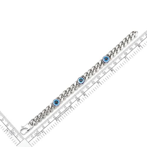 COOLSTEELANDBEYOND Classic Stainless Steel Curb Chain Bracelet with Evil Eye Charms, for Men, Silver Color4