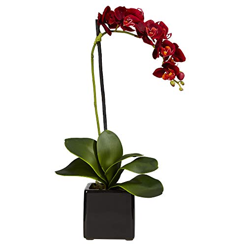 Nearly Natural 20in. Orchid Artificial Arrangement in Black Planter, red