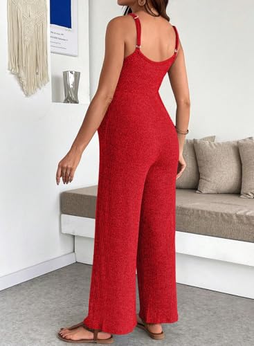 BLENCOT Womens Maternity Jumpsuit Casual Loose Ribbed Adjustable Strap Sleeveless Wide Leg Long Pants Red Romper X-Large — view 3