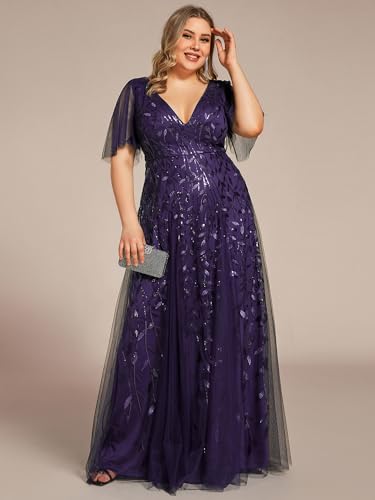Image of Ever-Pretty Women's Sequin V Neck Plus Size Formal Dresses Evening Gown | Short Sleeve, A-Line, Empire Waist, Plus Size Mother of the Bride Dresses, Plus Size Gala Dress