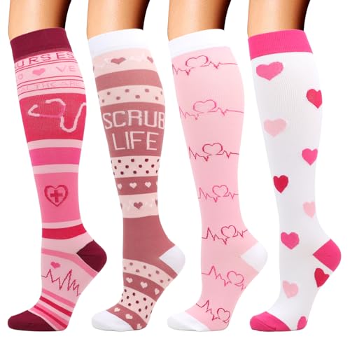 DRESHOW 4 Pares Calcetines de Compresión para Mujeres y Hombres Circulatorio Mejor Soporte para Atletismo, Running, Ciclismo, Viajar