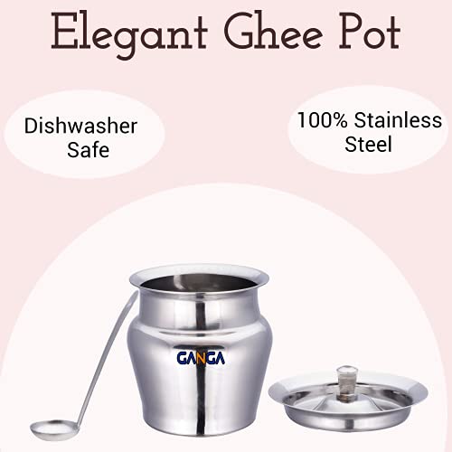 Image of Ghee Container With Spoon Oil Dispenser | Ghee Pot Steel, Ghie Dispenser | Salt Container With Spoon | Steel Oil Pot 300ml Silver Pack of 2 (Pack Of 1, 300ml)