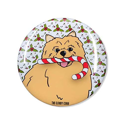 Tan Pomeranian Candy Cane Pinback Button, Holiday Dog Accessories, Psychedelic Pet Portrait Art Gift, 2.25 or 3.5