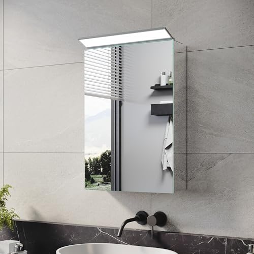 ELEGANT Bathroom Mirror Cabinet with LED Makeup Light, Stainless Steel Wall Mounted Storage Cabinet with Fully Assembled, Modern Single Mirrored Door Bathroom Cabinets 360 x 520 mm
