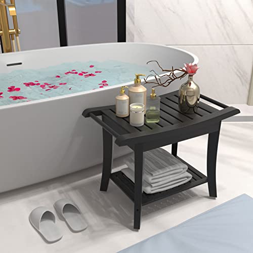 Bamboo Shower Stool Bench Waterproof With Storage Shelf For Shaving Legs Or Spa Bath Seat In Bathroom & Inside Shower For Adults Seniors Elderly (24 X 13.4 X 18.5 Inches+Black) #TOP1