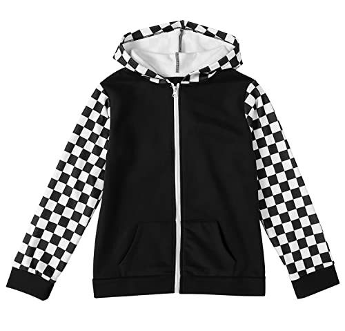 Storeofbaby Girls Plaid Hoodie Long Sleeve Zip Front Pocket Sweatshirt C Black #TOP1